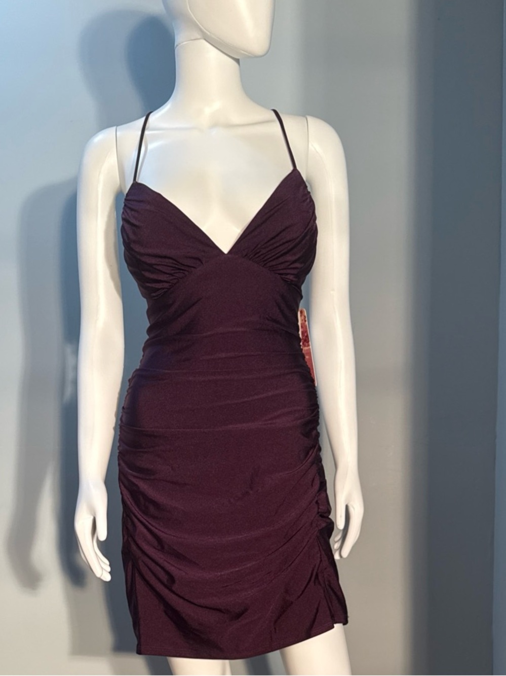 Emerald Sundae Ruched Spaghetti-Strap Mini Dress in Plum